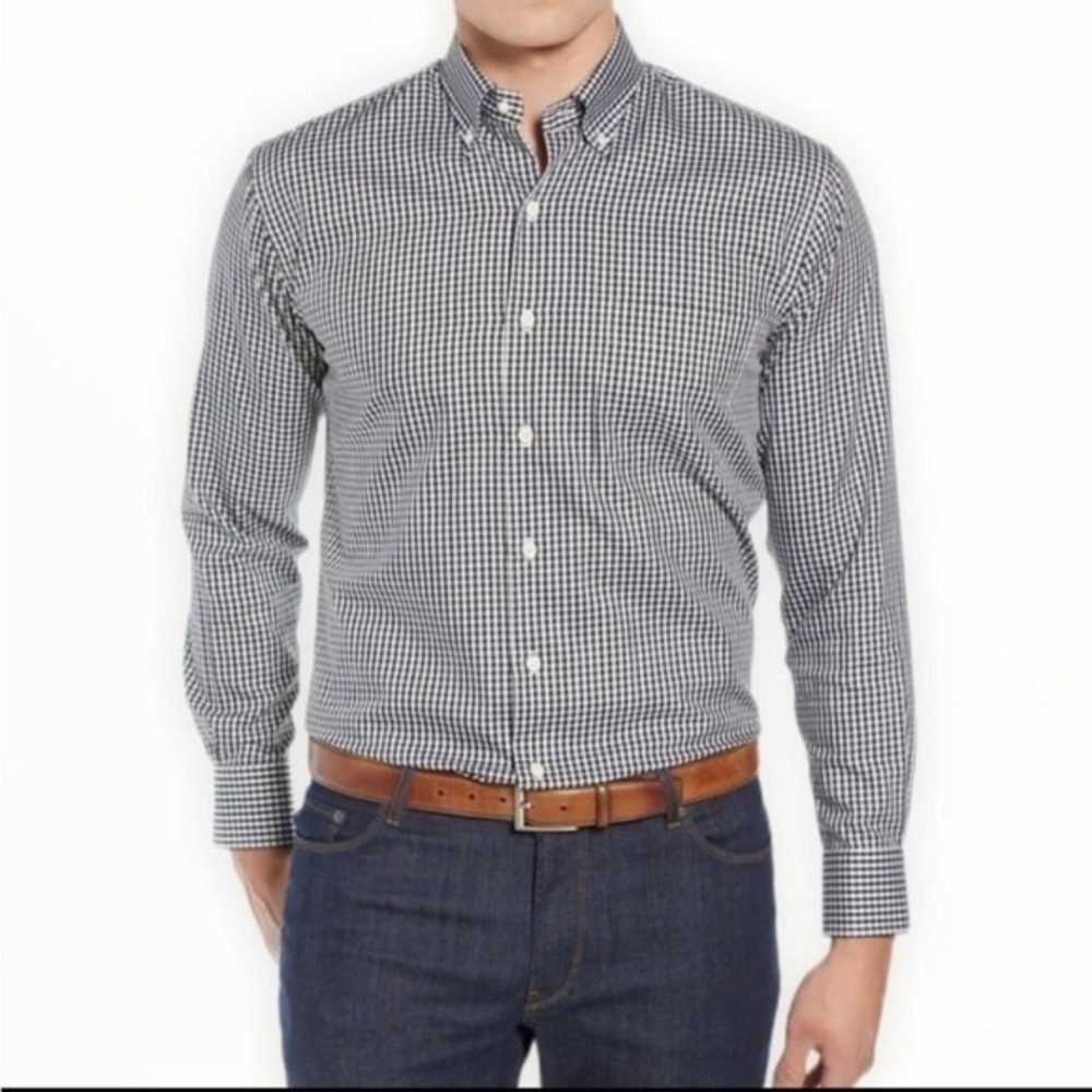 Peter Millar Gingham Plaid Black White Button Down Shirt Medium EUC